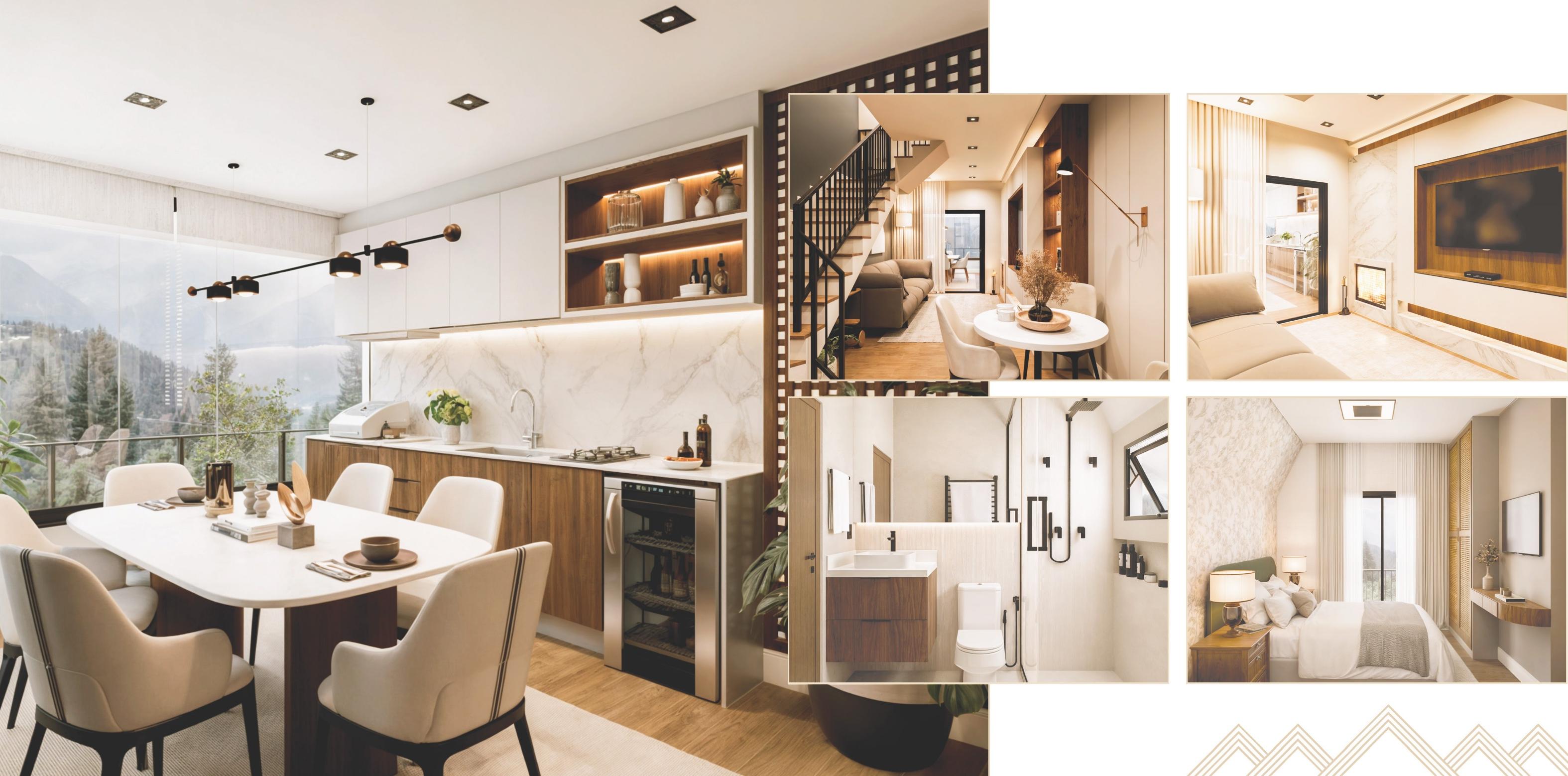 Ambientes internos do duplex: living, escada, suíte e banheiro