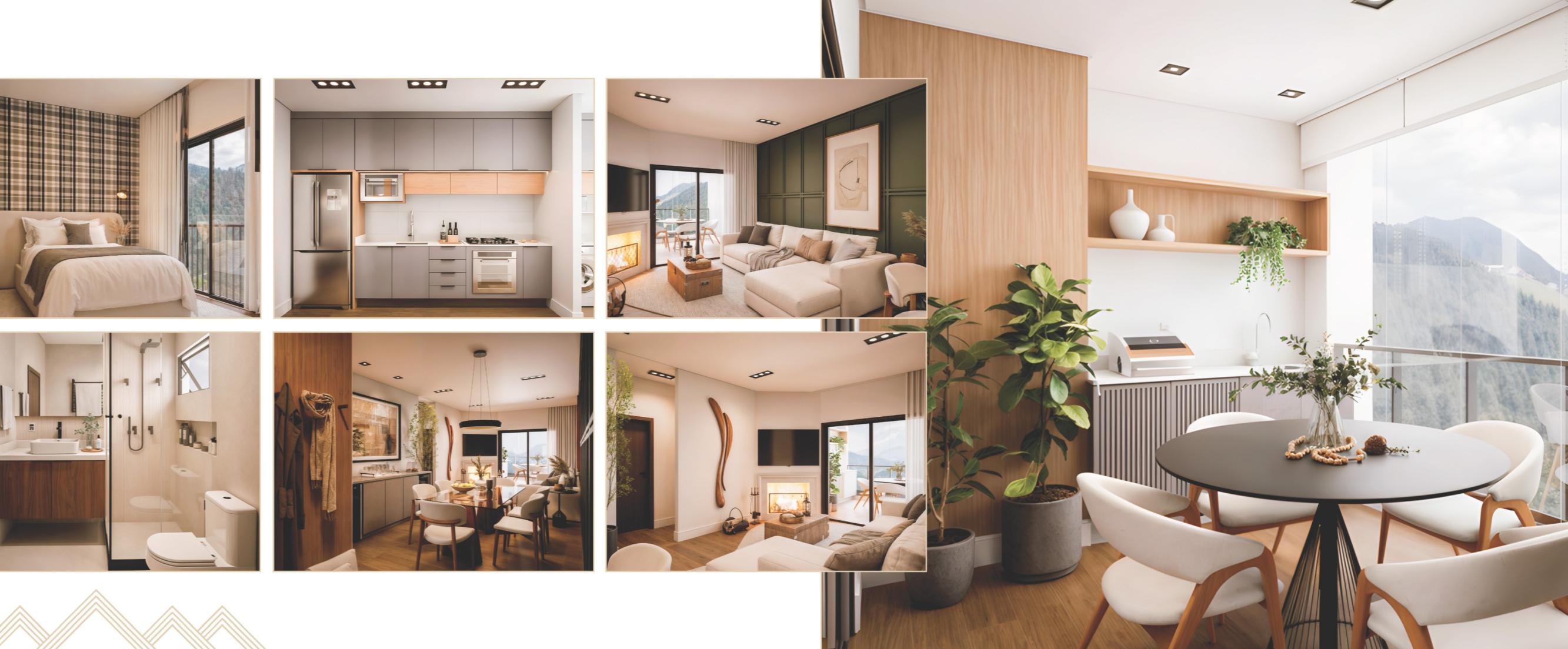 Ambientes internos do apartamento tipo: dormitório, cozinha, living com lareira e varanda